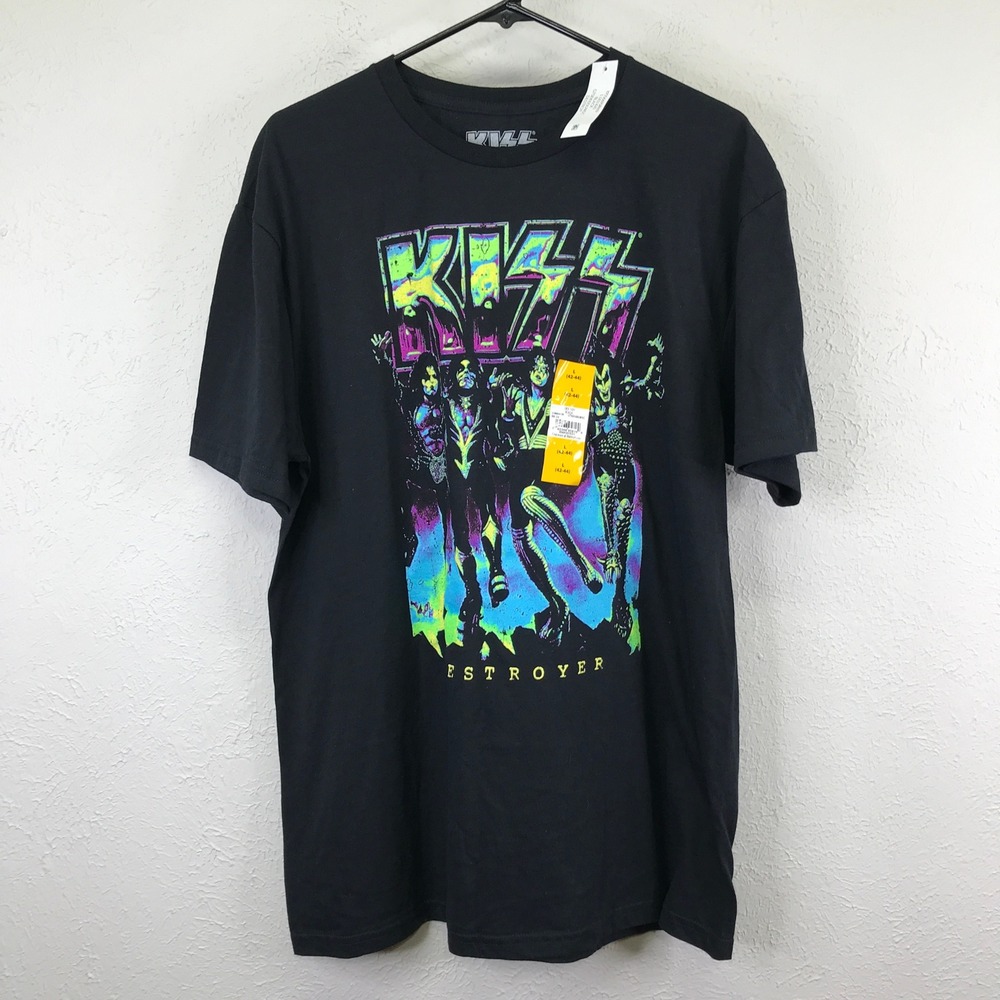 KISS Graphic T-Shirt Mens L Black Destroyer Neon Glow Blacklight Short Sleeve